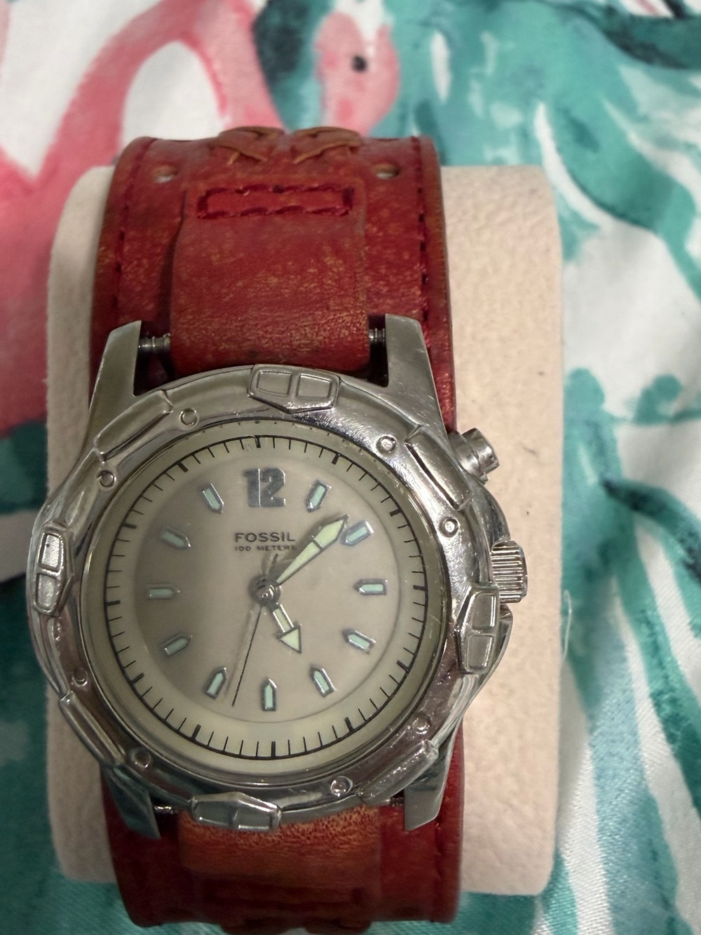 Fossil Silver Case Watch with Red Leather Strap